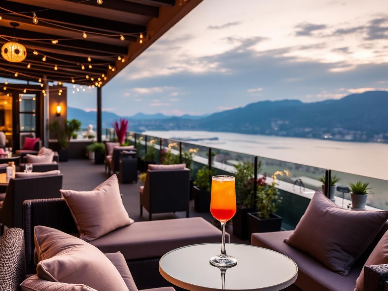 Terrazza 241 rooftop bar in Como at golden hour with refined cocktails, cushioned lounge seating, panoramic Lake Como view and soft string lights