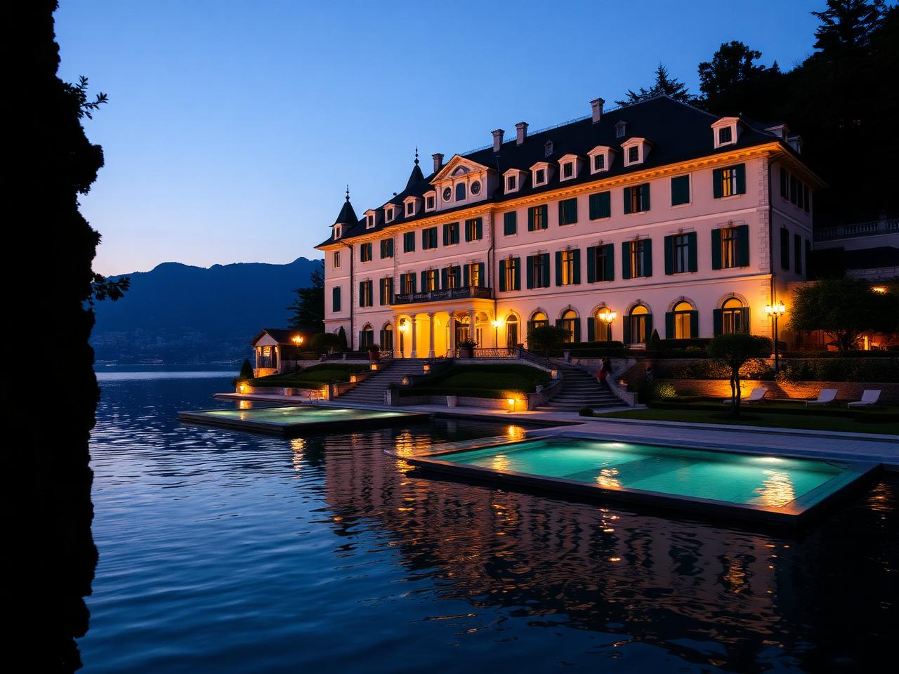 Villa d'Este Cernobbio iconic illuminated facade at dusk seen from Lake Como with private floating swimming pool and warm lamp light