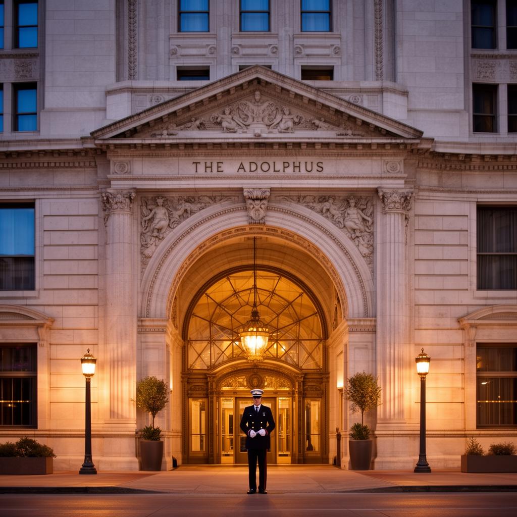 Historic beaux-arts façade of The Adolphus Hotel Dallas at evening