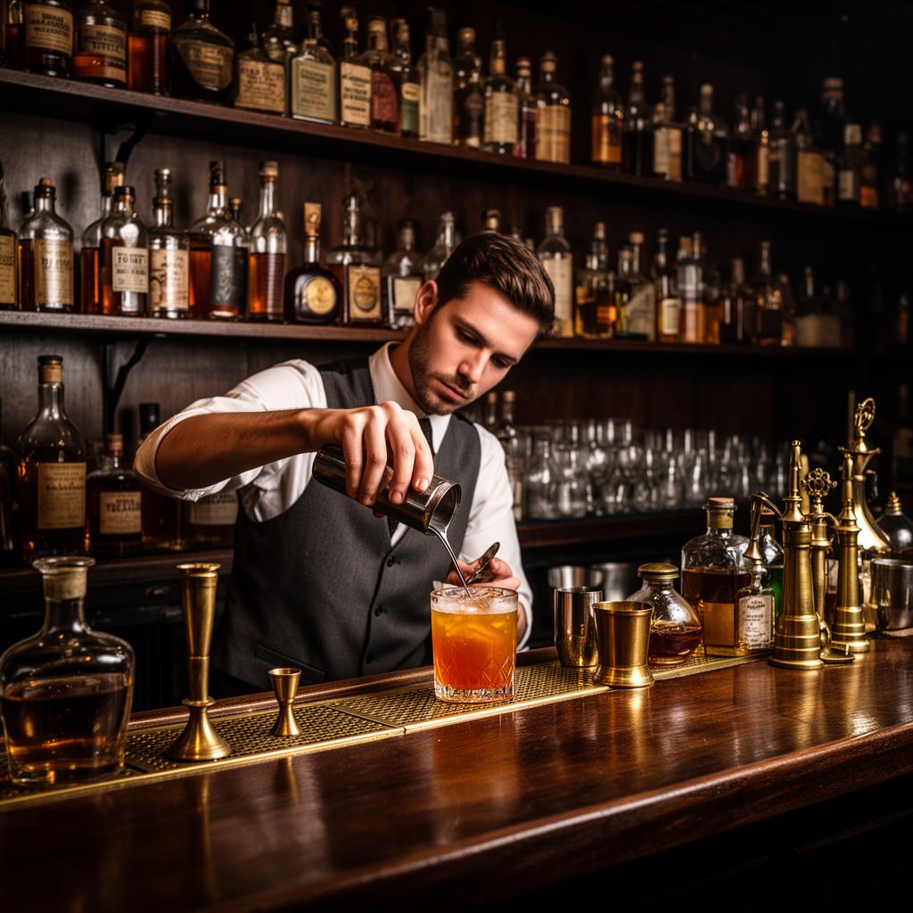 Bartender preparing a cocktail behind dark wood shelves of vintage spirits