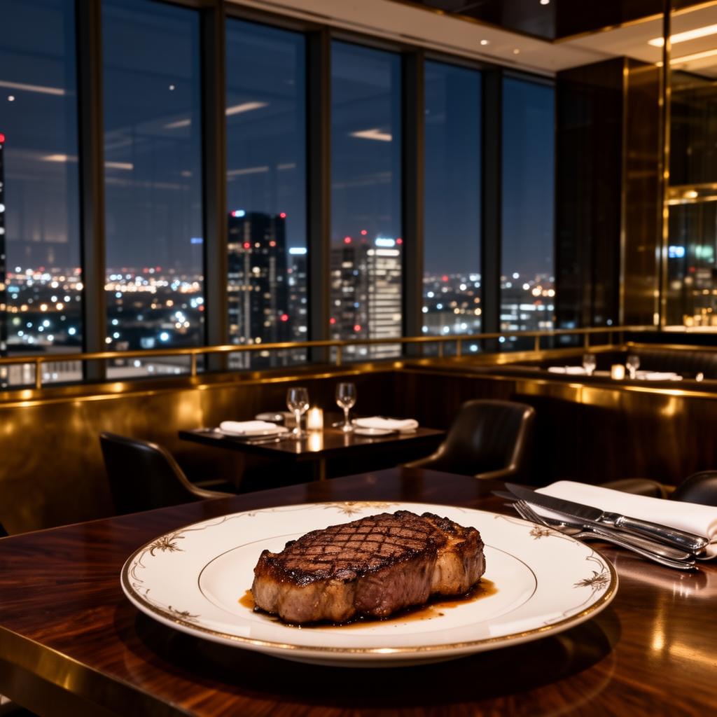 Dramatic skyline view from a polished steakhouse high in Reunion Tower Dallas