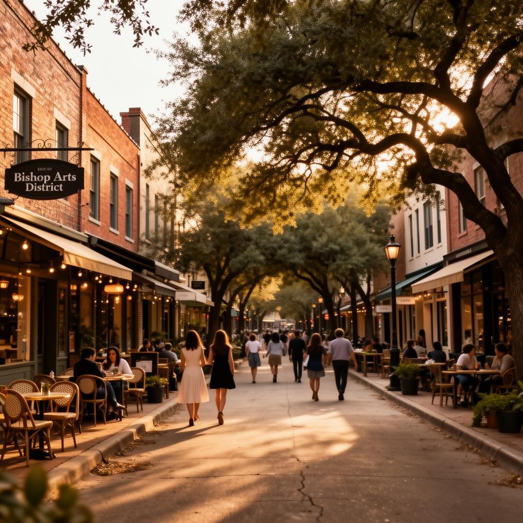 Tree-lined Bishop Arts District street with cafés and people walking