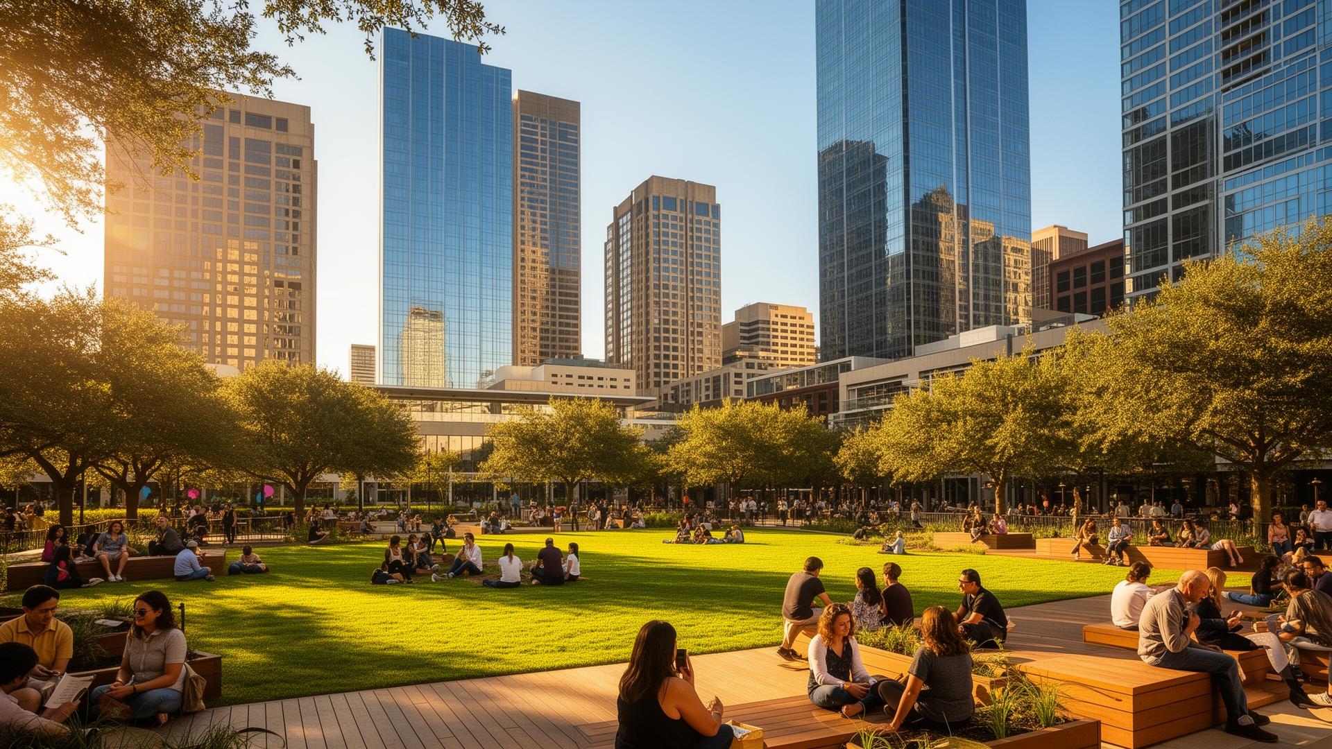 The Dallas skyline seen from Klyde Warren Park on a bright sunny afternoon