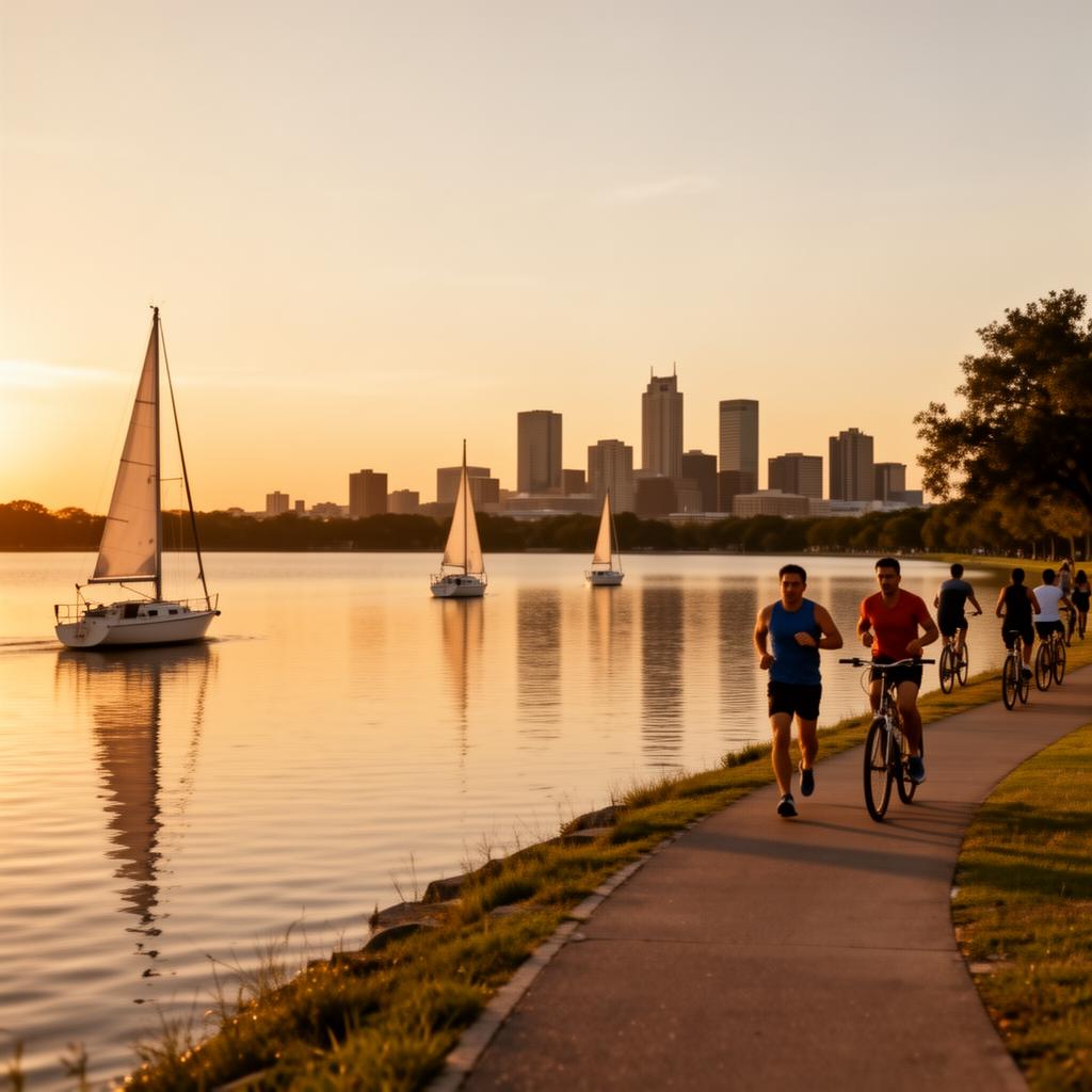 Sailboats on White Rock Lake at sunset with Dallas skyline in the distance
