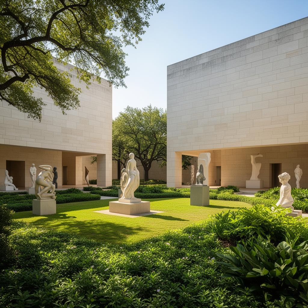 Limestone gallery pavilions and sculptures in the Nasher Sculpture Center garden