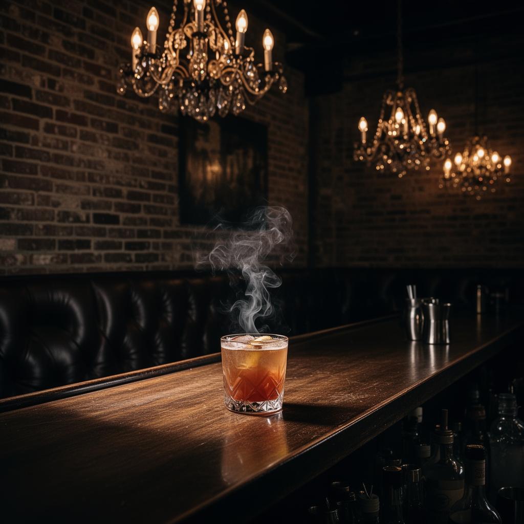 Dimly lit cocktail lounge with chandeliers and a smoking glass on a wooden bar