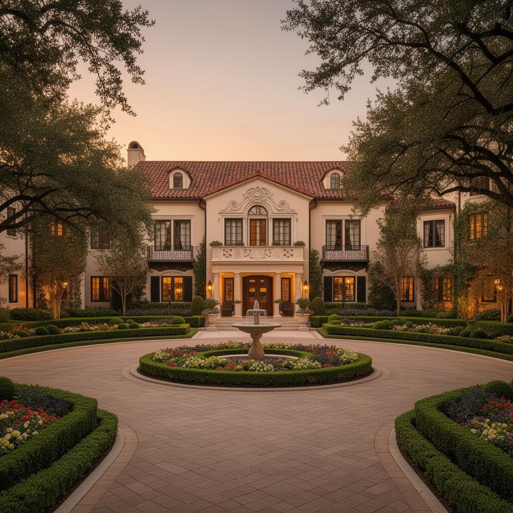 The Mediterranean façade of the Rosewood Mansion on Turtle Creek at dusk