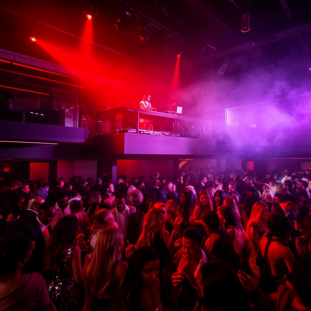 Dallas warehouse club with red lighting and a packed dance floor below a DJ booth