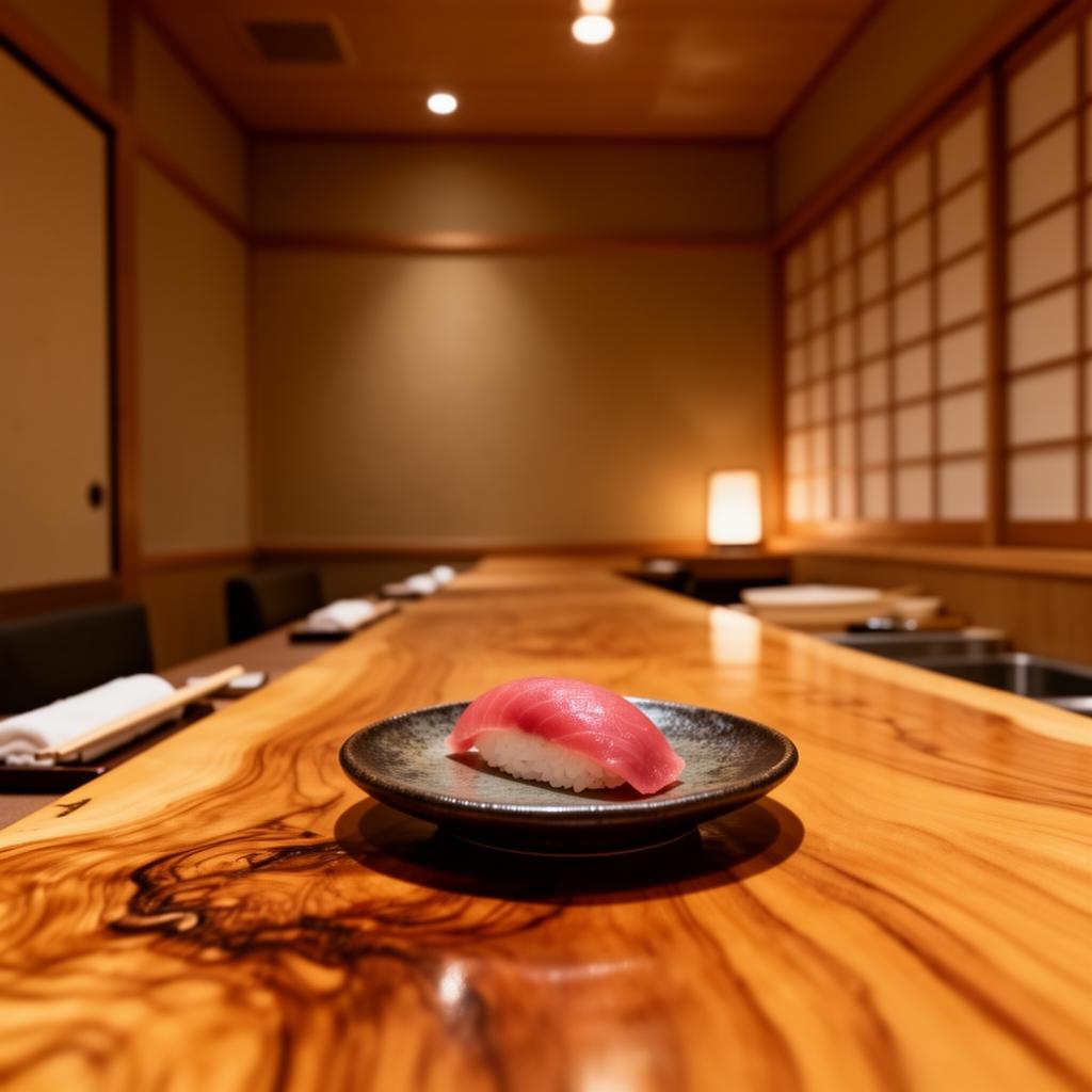 Polished wooden omakase counter with a single piece of nigiri at Tatsu Dallas