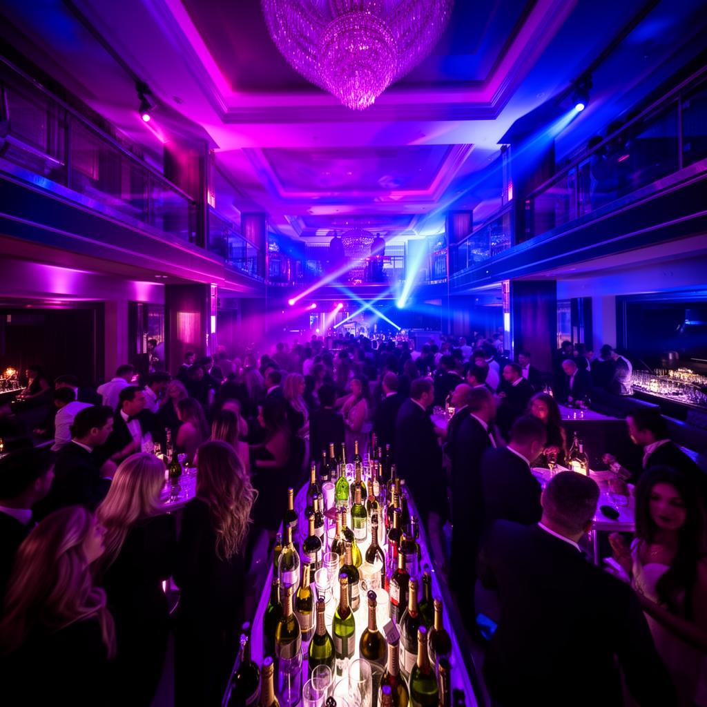 Upscale Dallas nightclub with violet and blue lighting and elevated VIP tables