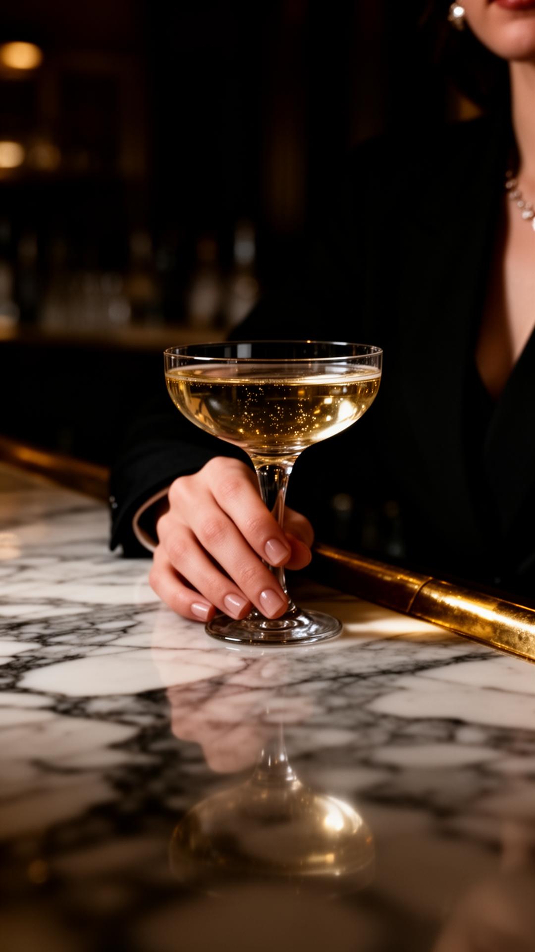 A hand resting on a marble bar with a coupe glass