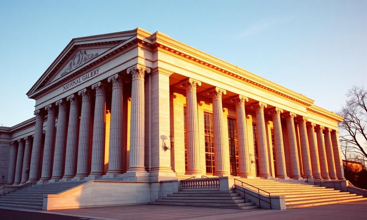 National Gallery of Art West Building Washington DC with neoclassical marble facade and columns at golden hour