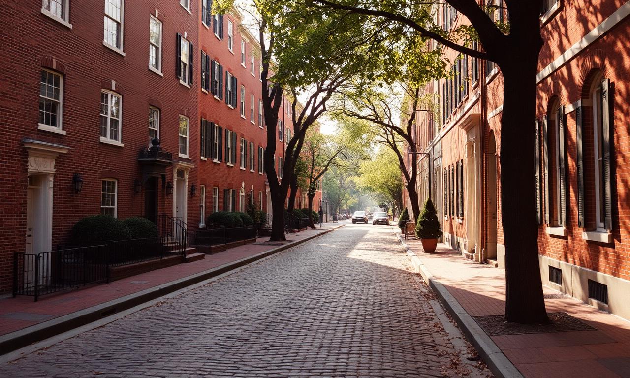 Historic Georgetown Washington DC cobblestone street with red brick Federal townhouses on a quiet morning