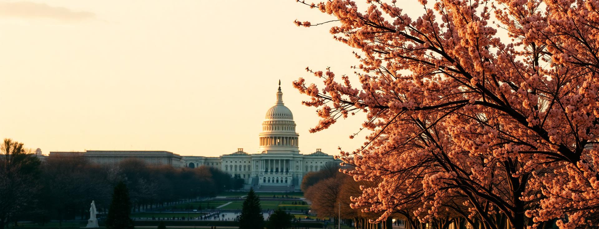 The National Mall in Washington DC at golden hour with the Capitol dome in the distance and cherry trees in soft bloom