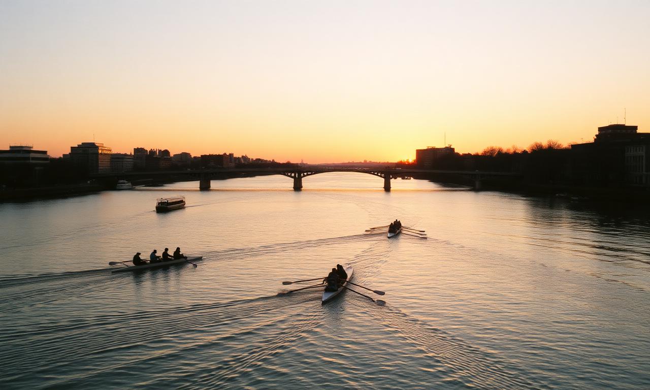 The Potomac River at golden hour with rowing sculls on the water and Georgetown in the distance