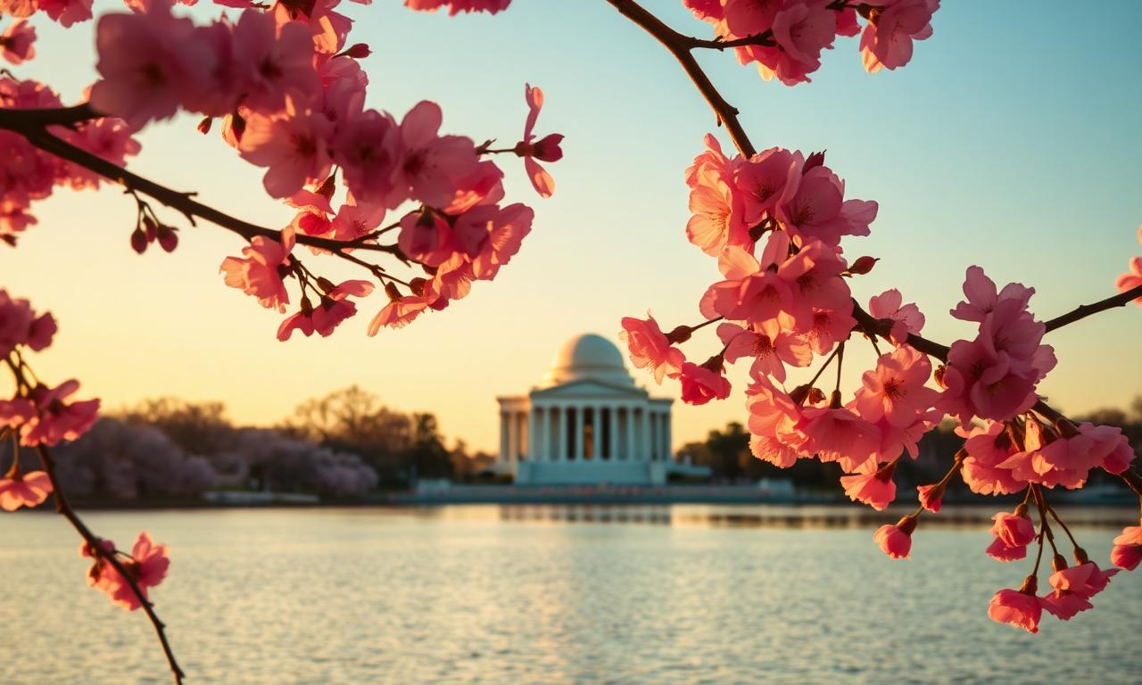 Cherry blossoms around the Tidal Basin Washington DC at golden hour with the Jefferson Memorial across the water