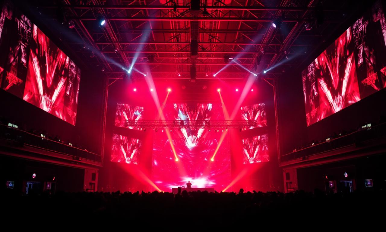 Massive Washington DC nightclub with theatrical red LED stage, towering screens and crowd silhouettes