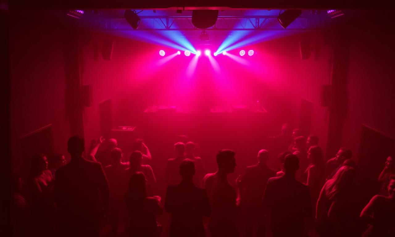 Intimate Washington DC nightclub interior with dramatic magenta and blue stage lighting and crowd silhouettes