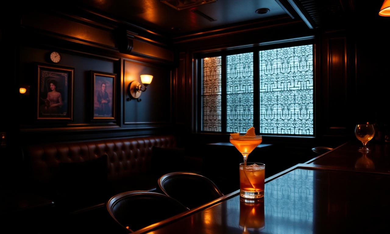 Intimate speakeasy cocktail bar in Washington DC with dark wood, vintage portraits and a single garnished cocktail