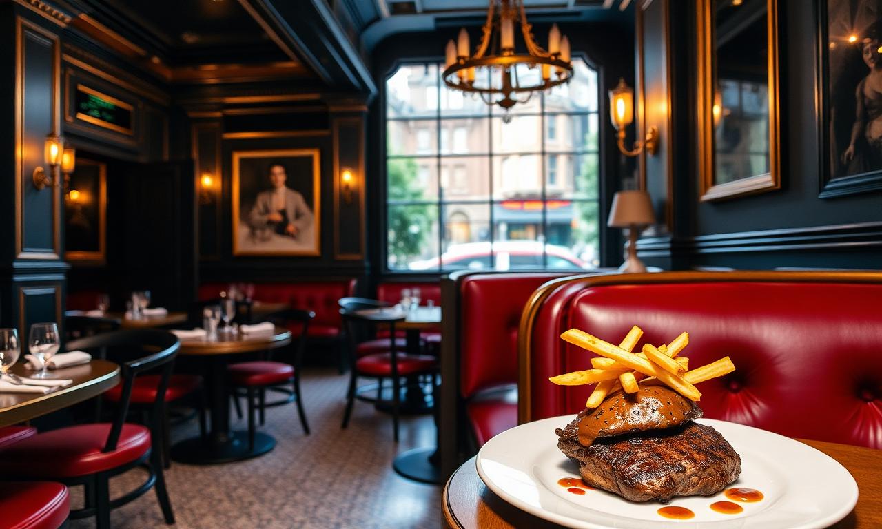 Warm Parisian-inspired brasserie with mosaic tile floor, brass details, red banquettes and steak frites