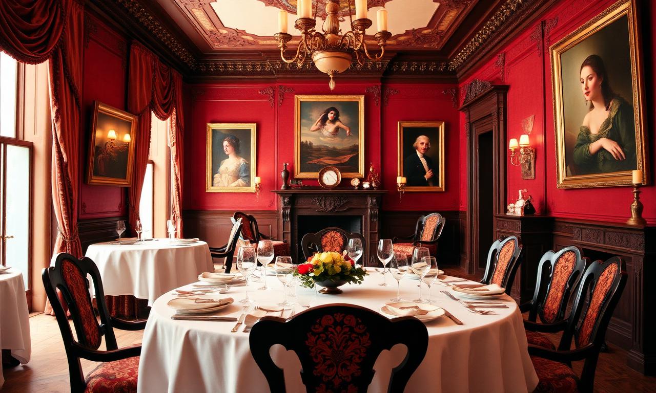 Refined Victorian dining room at a country inn with rich red walls, oil paintings and an intimate set table