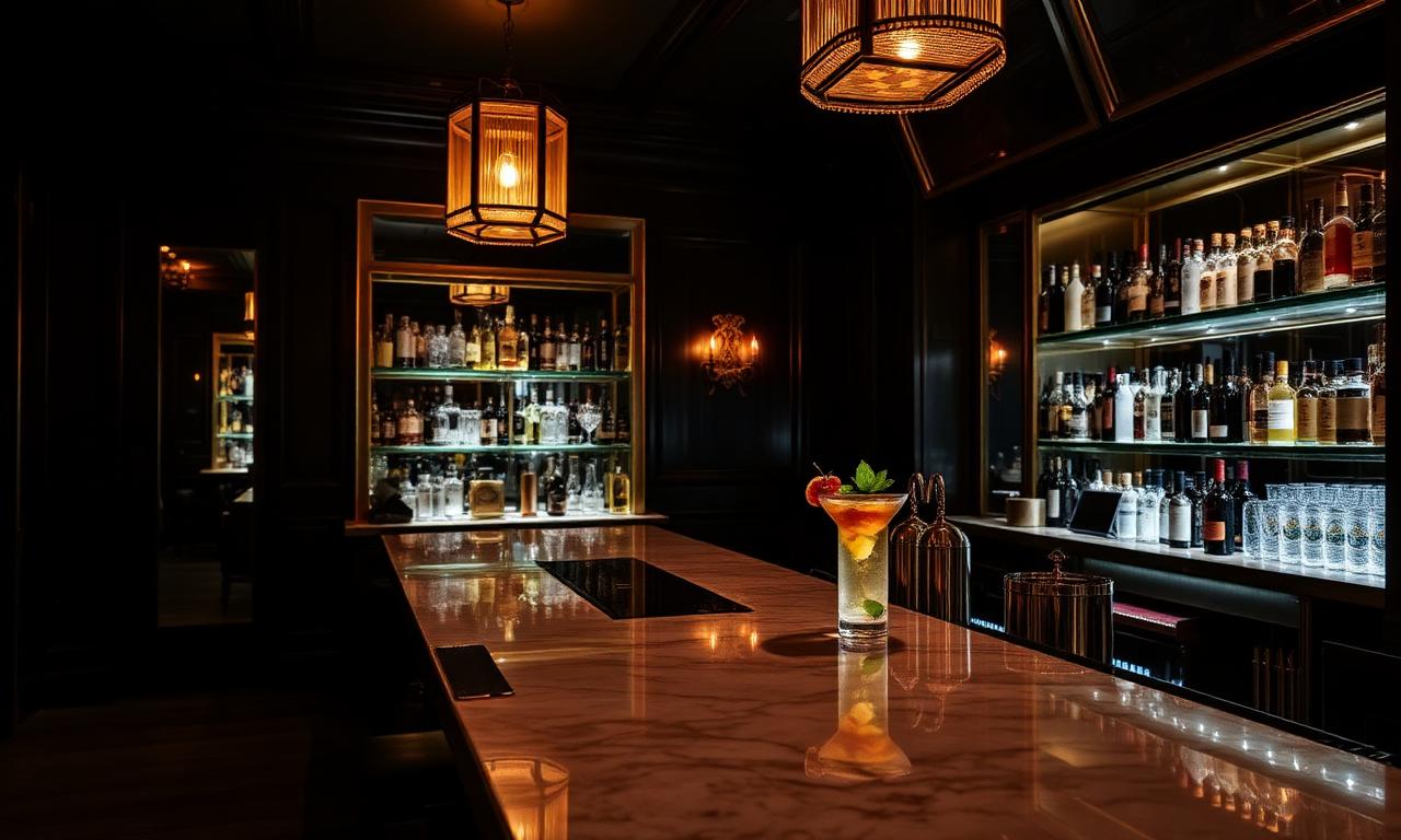 Refined Mr Lyan-designed cocktail bar with marble bar, brass details and a single artistic cocktail in warm light