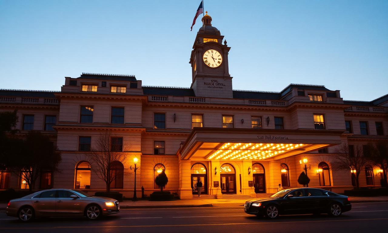 Waldorf Astoria Washington DC, the historic Old Post Office building with grand stone facade and clock tower at dusk