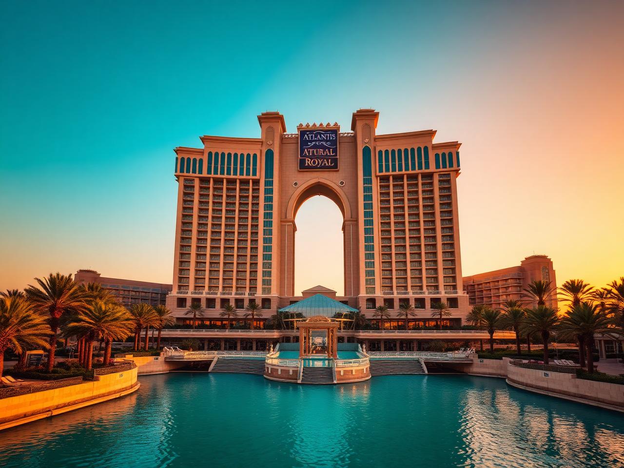 Atlantis The Royal luxury resort facade on Palm Jumeirah Dubai at golden hour with dramatic stacked-block modern architecture, infinity pools cascading down the facade, palm trees, turquoise Arabian Gulf water and warm cinematic light