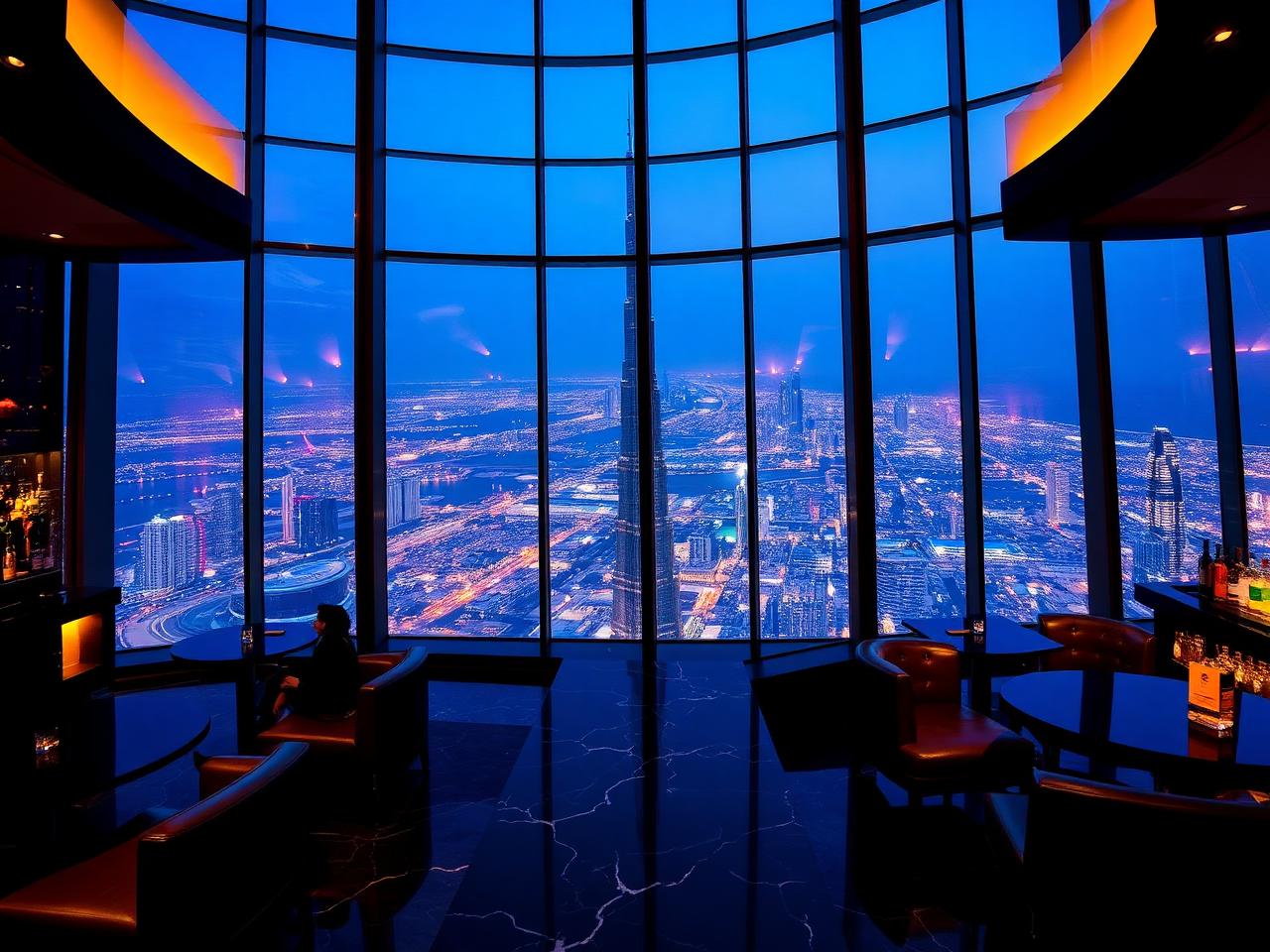 Atmosphere refined cocktail lounge on the 122nd floor of the Burj Khalifa at blue hour with floor-to-ceiling glass windows showing the entire Dubai skyline twinkling far below, dark marble surfaces, leather banquettes, a polished bar with backlit bottles and warm amber lighting