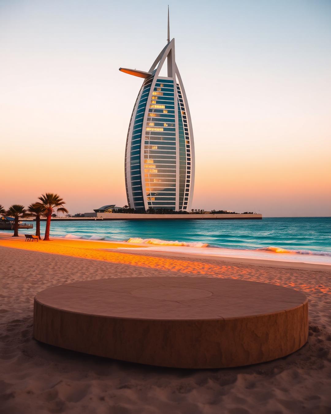 Burj Al Arab Jumeirah iconic sail-shaped luxury hotel in Dubai at golden hour viewed from the beach with turquoise Arabian Gulf water and palm trees