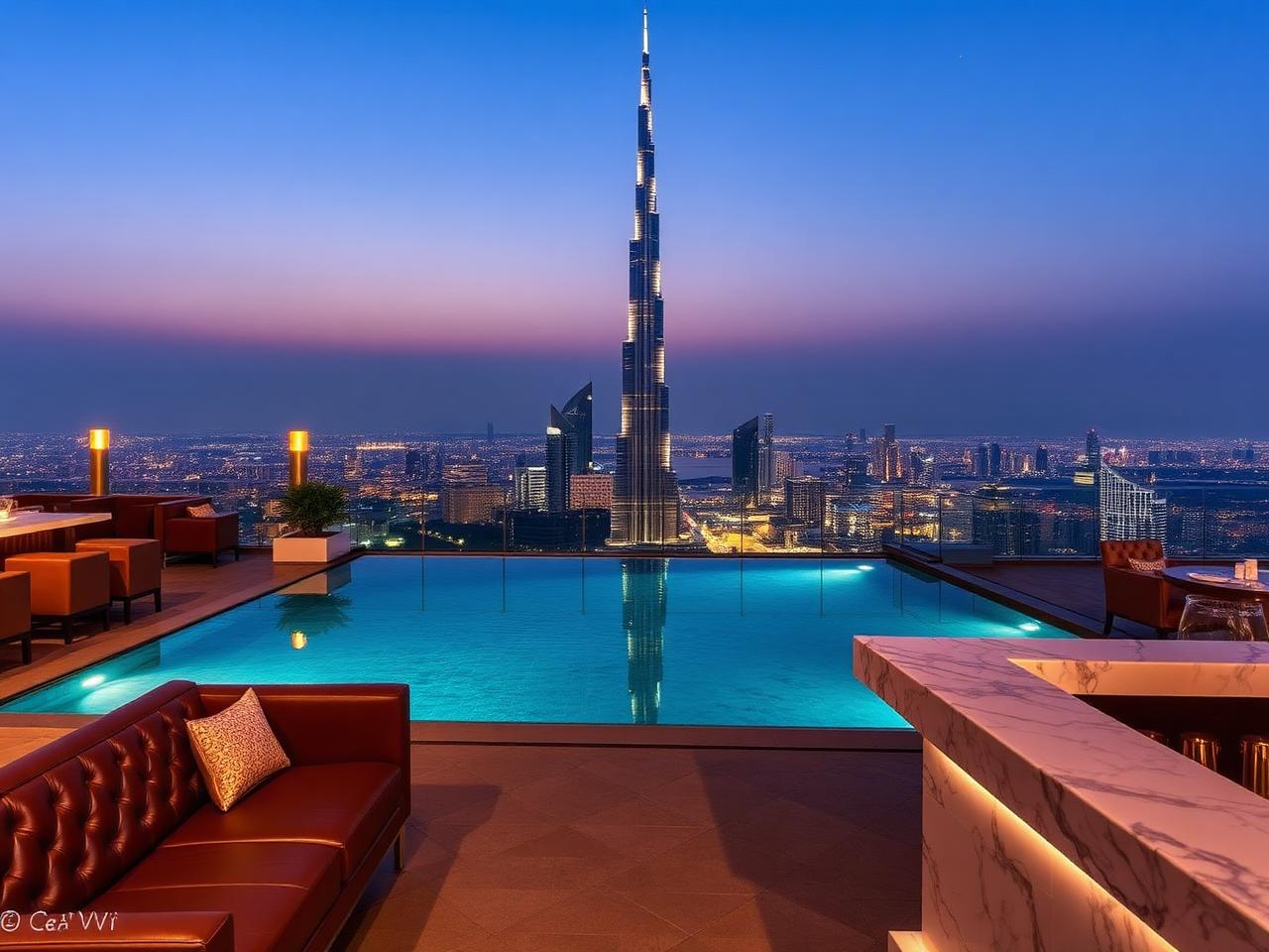 Cé La Vi Dubai refined rooftop cocktail lounge atop Address Sky View at blue hour with an infinity pool, sweeping view of the Burj Khalifa, leather banquettes, marble bar and warm amber lighting