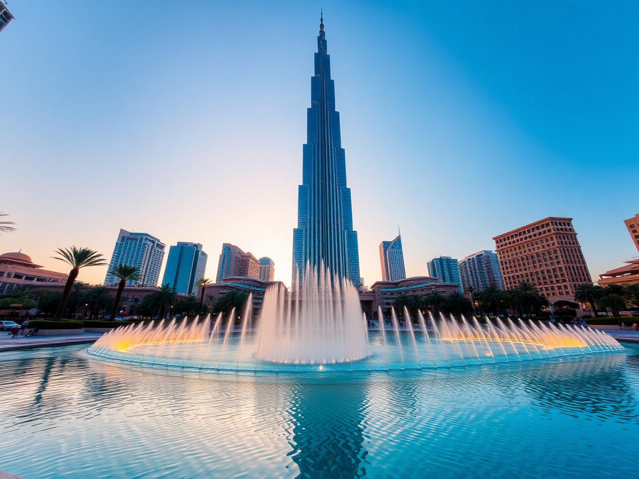 The Burj Khalifa rising into a clear blue sky at golden hour from the Dubai Fountain plaza in Downtown Dubai with reflective pools, palm trees and warm cinematic desert light