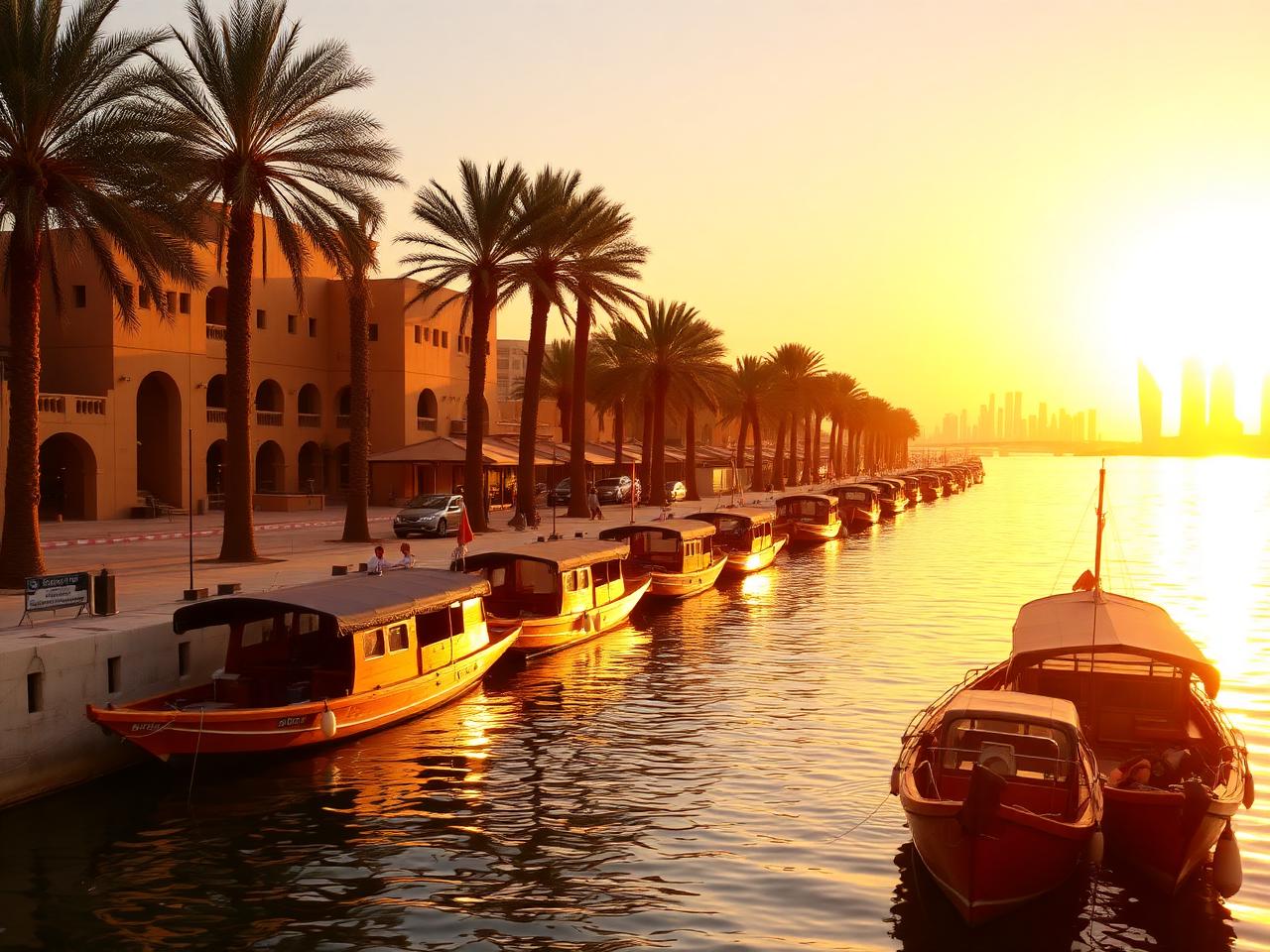 Dubai Creek at golden hour with traditional wooden dhow boats moored along Al Seef heritage waterfront, sandstone facades, palm trees and warm desert light, the modern Dubai skyline glowing in the distance