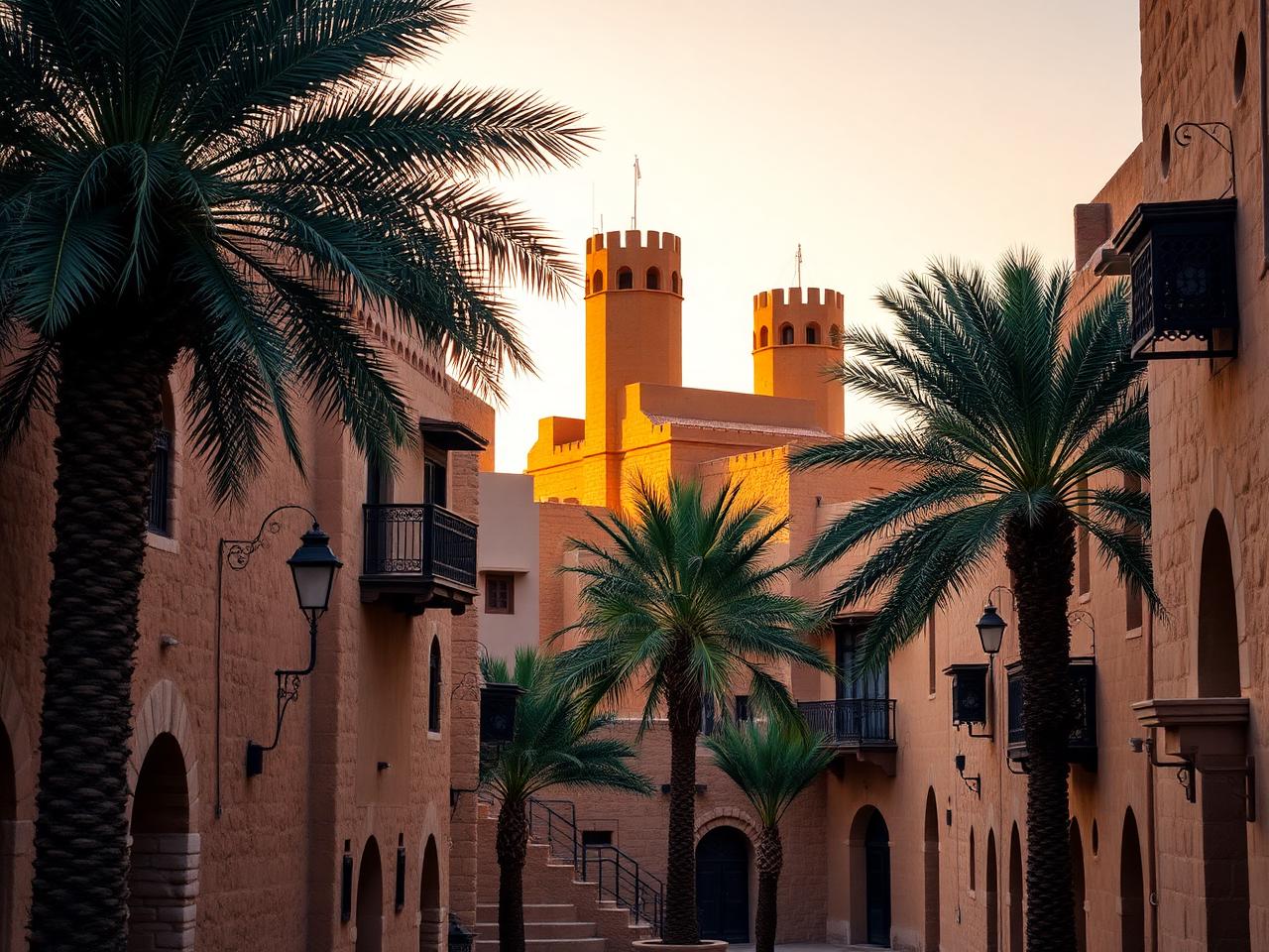 Al Fahidi Historical Neighbourhood Bastakiya in Old Dubai at golden hour with traditional sandstone wind-tower houses with barjeel towers, narrow alleyways, palm trees and warm desert light