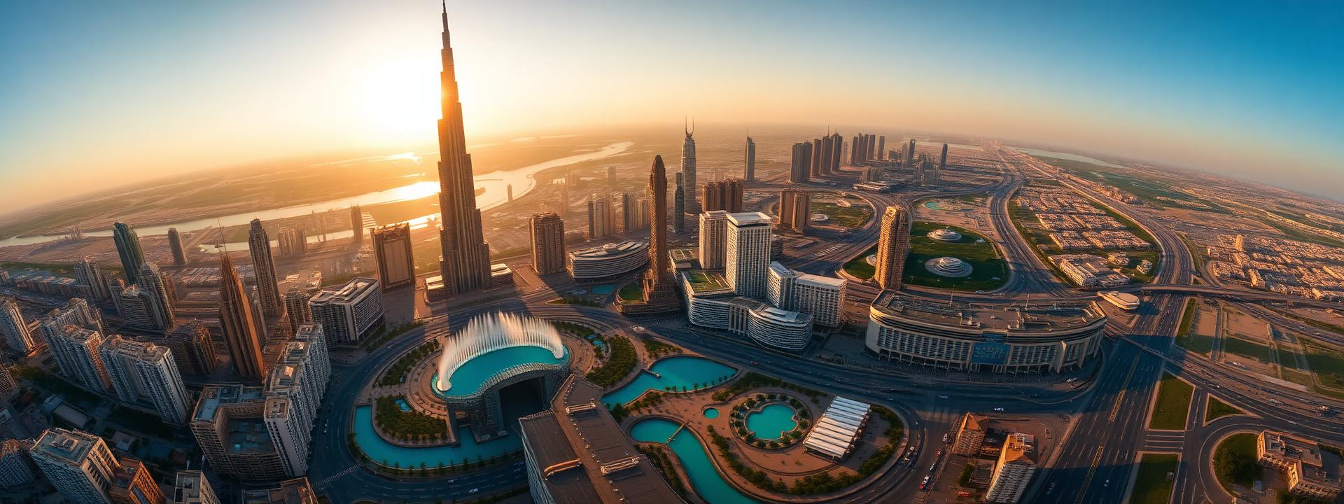 Panoramic aerial morning view of Downtown Dubai at golden hour with the Burj Khalifa towering above, the Dubai Fountain plaza, Sheikh Zayed Road skyline and Dubai Creek in the distance, warm desert light