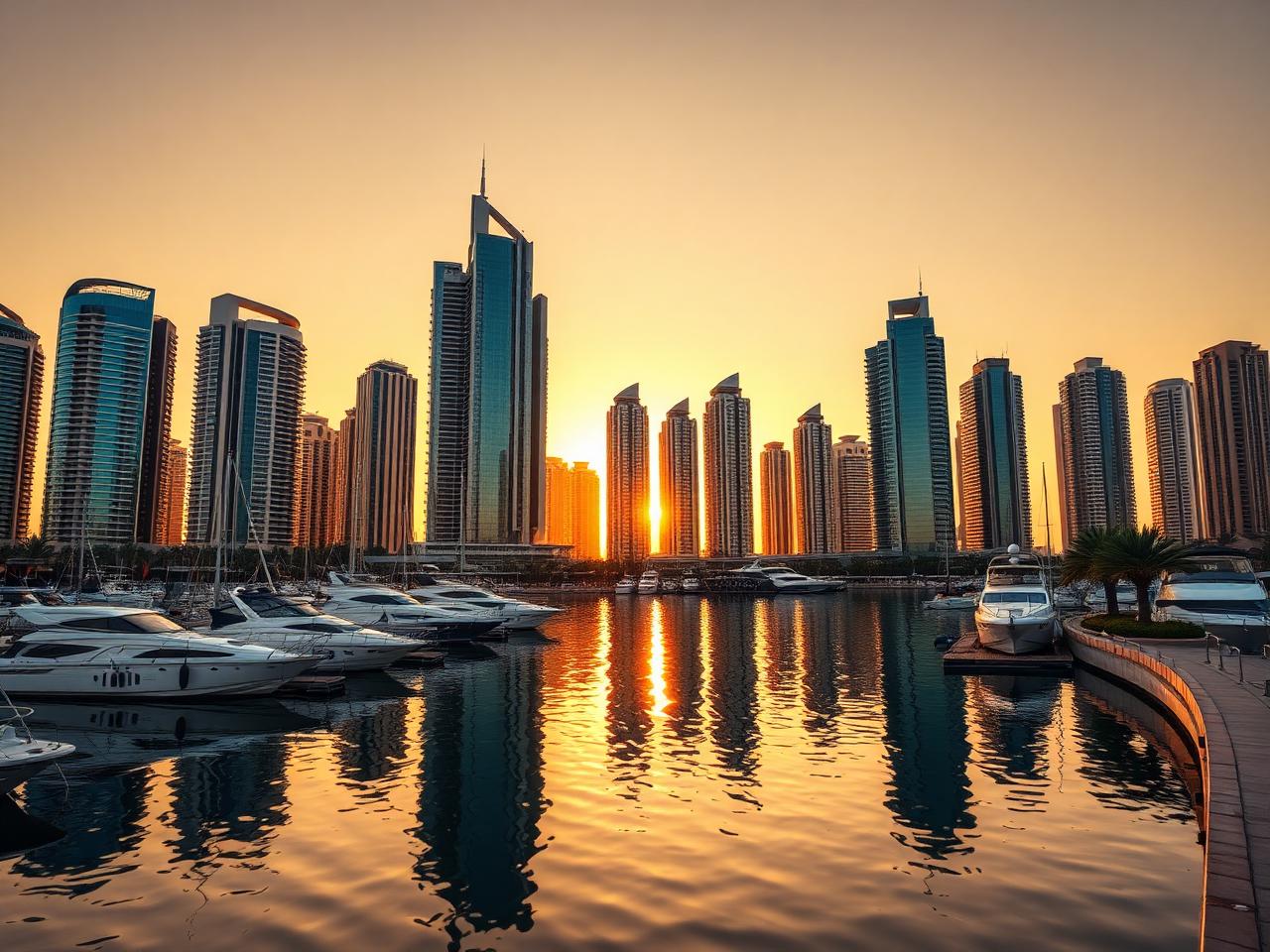 Dubai Marina at golden hour with sleek skyscrapers reflecting in the calm marina water, luxury yachts moored along the promenade and a palm-lined waterfront
