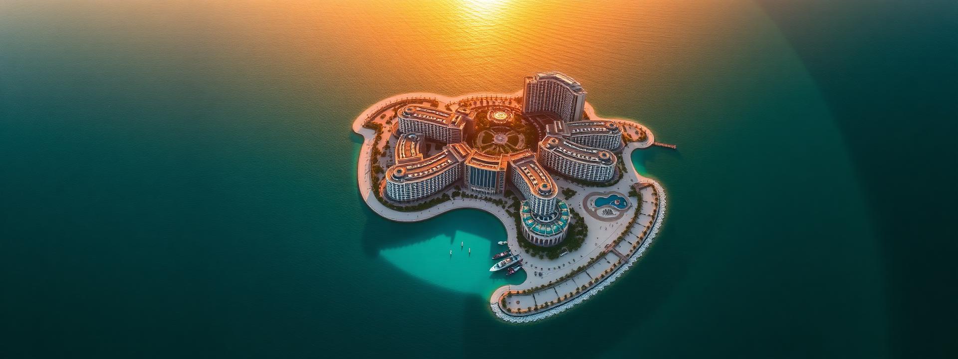 Aerial view of Palm Jumeirah in Dubai at golden hour with the iconic palm-shaped island, luxury villas, Atlantis at the crescent, turquoise Arabian Gulf water and warm cinematic light