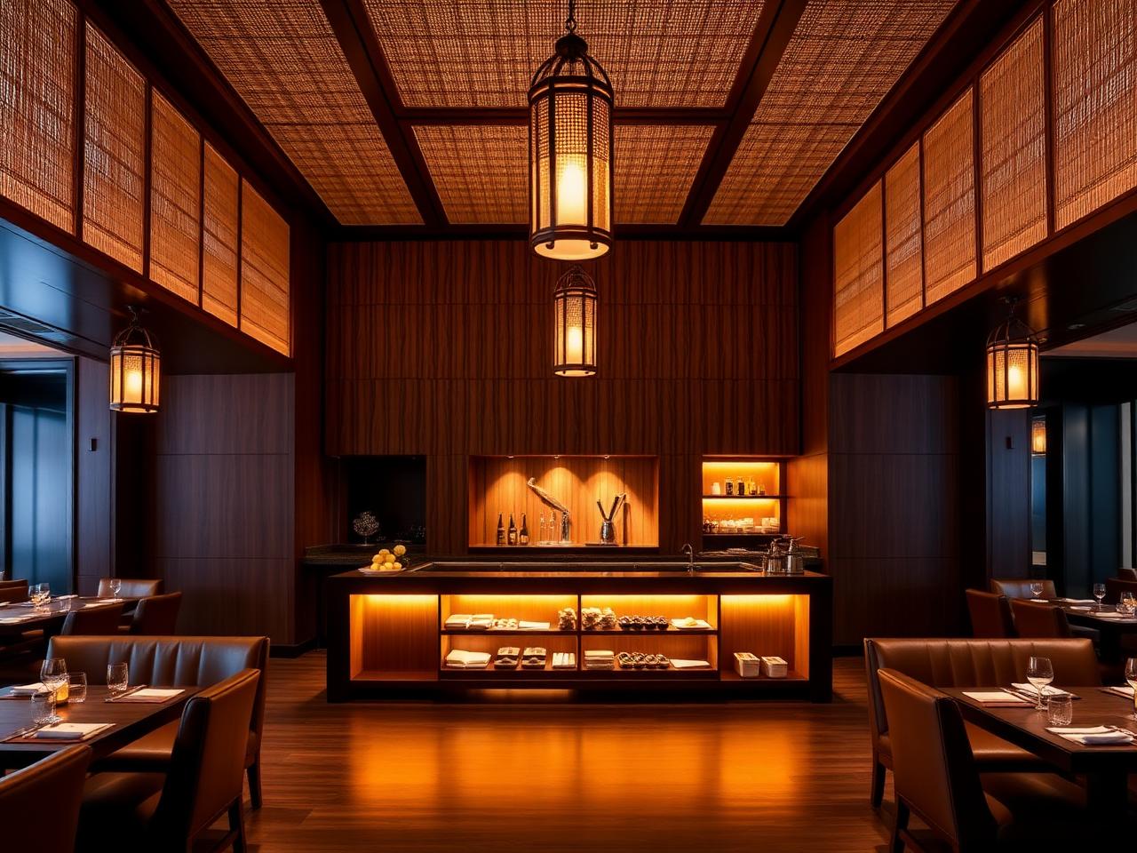 Nobu Dubai refined Japanese-Peruvian restaurant interior at Atlantis The Palm with dark teak wood walls, woven bamboo ceiling panels, low pendant lanterns, an elegant sushi counter with backlit shelves, leather banquettes and warm cinematic amber lighting