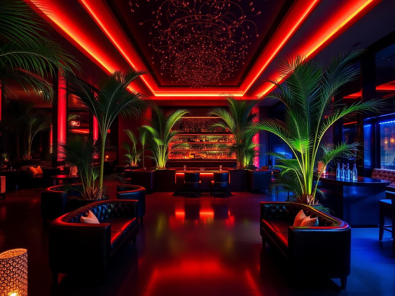 A refined upscale multi-room nightlife garden lounge in Dubai's Meydan district with dramatic deep red and amber LED lighting, lush palm trees and tropical plants, dark surfaces, leather banquettes, a polished bar with champagne buckets and a small intimate dance floor under a striking ceiling installation