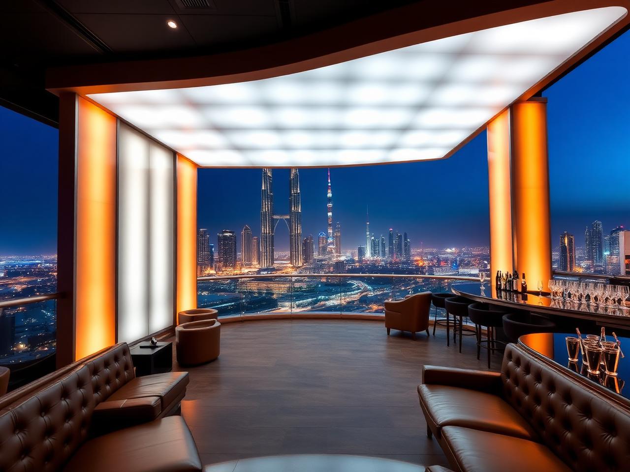 A refined upscale rooftop nightclub in Dubai at blue hour with dramatic white and amber LED lighting, a panoramic skyline view of the Burj Khalifa, leather banquettes, a polished bar with champagne buckets and an intimate dance floor below a striking ceiling installation