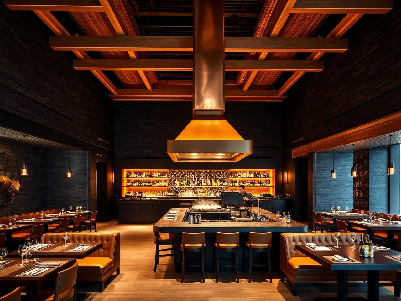Zuma Dubai refined contemporary Japanese izakaya restaurant interior in DIFC with a soaring double-height ceiling, dark stone walls, an open robata grill counter with copper hood, sushi bar with backlit bottles, blonde wood beams, leather banquettes and warm cinematic amber lighting