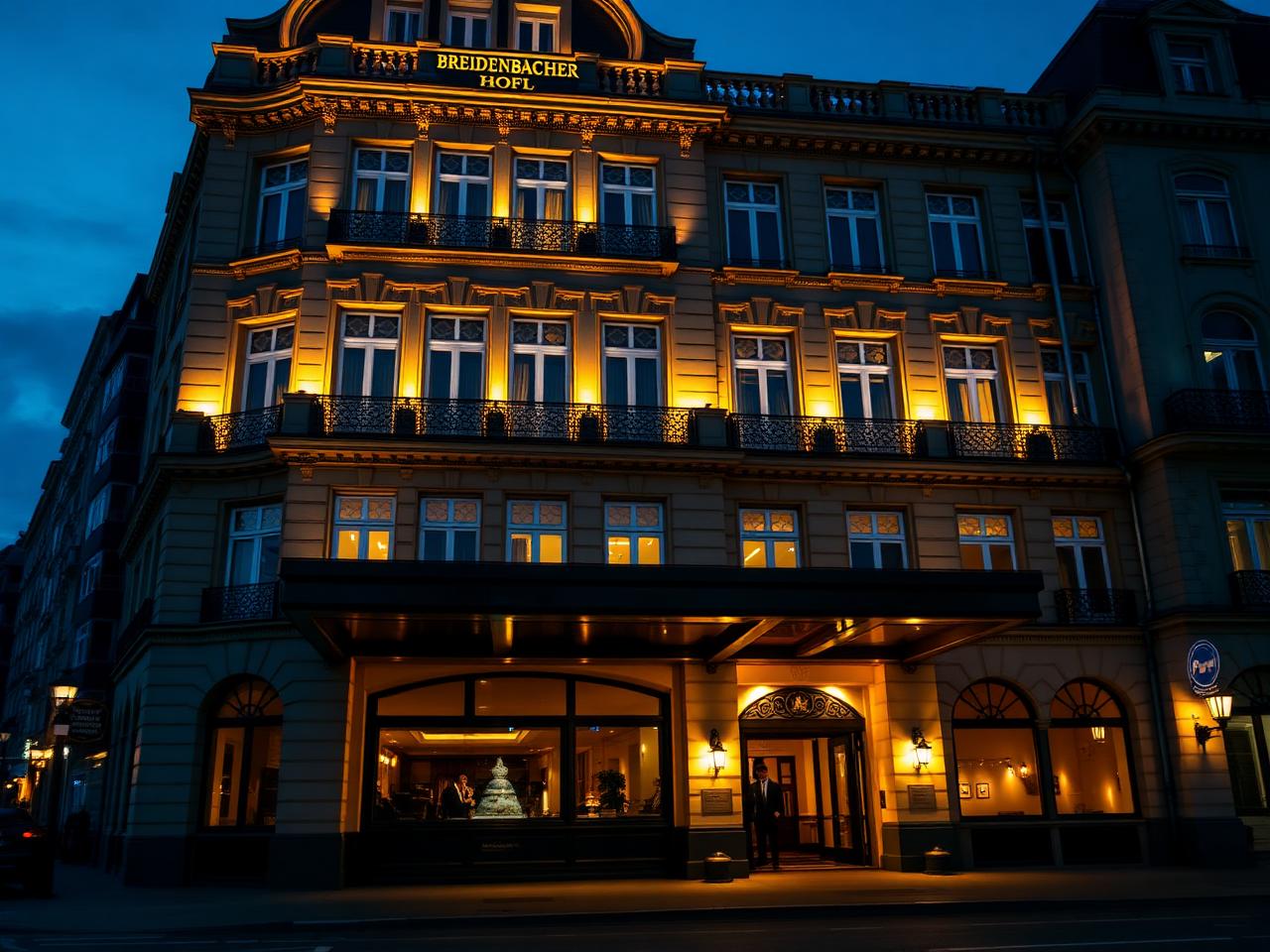 Breidenbacher Hof Düsseldorf grand classical luxury hotel facade at dusk