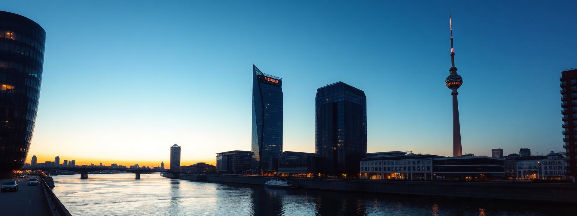 Düsseldorf panorama at first light from across the Rhine with the MedienHafen modern Frank Gehry buildings and the Rheinturm tower under soft pastel sunrise