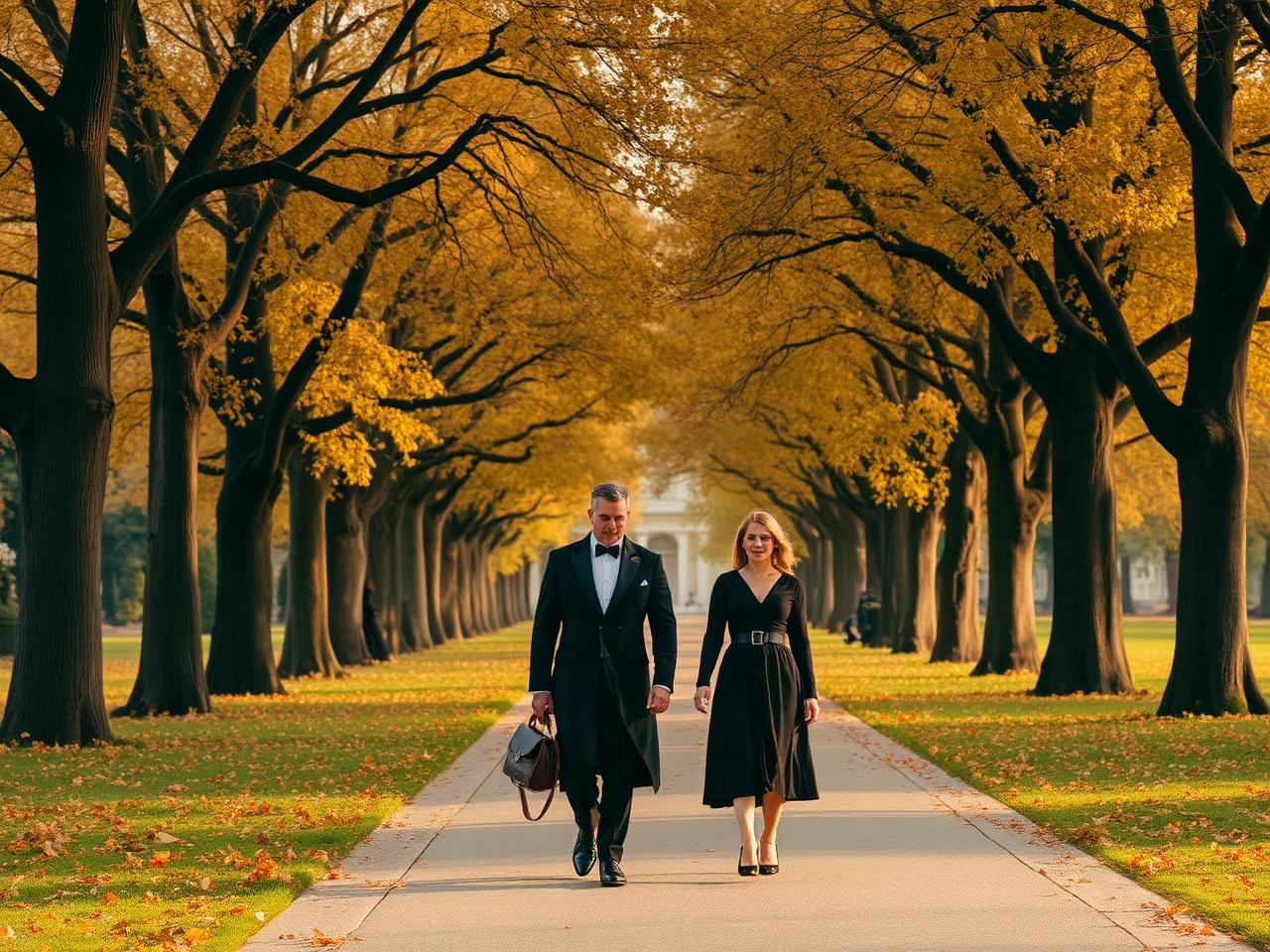 Hofgarten Düsseldorf in autumn grand 18th century park with tree-lined path, golden chestnut and plane leaves and an elegant couple walking