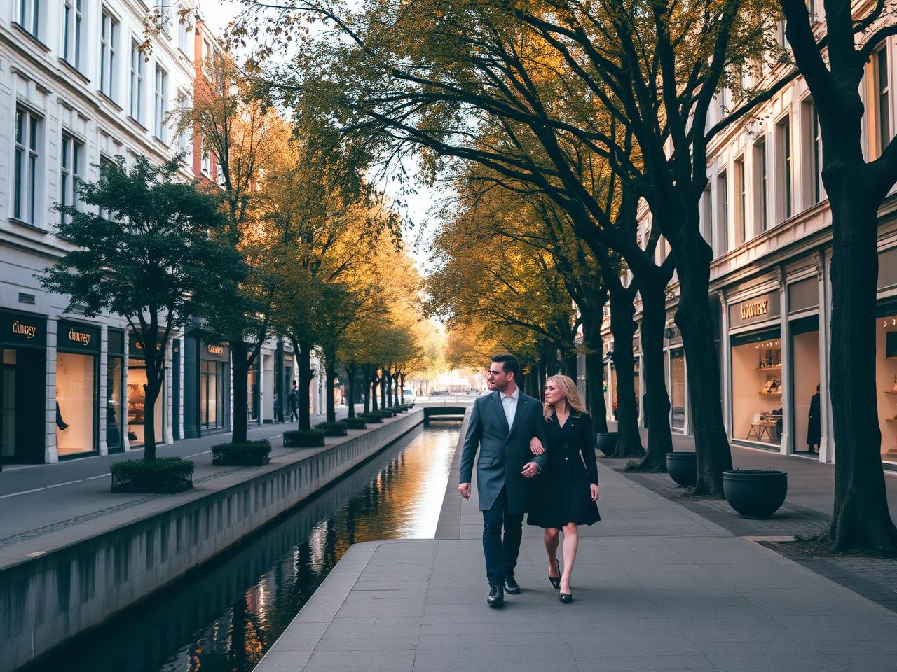 Königsallee Düsseldorf elegant tree-lined boulevard with central canal, refined chestnut trees, luxury boutique storefronts and a couple walking