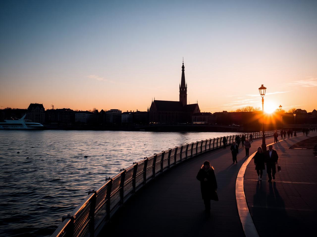 Rheinuferpromenade Düsseldorf at golden hour curved riverside promenade with the old town silhouette and Lambertus church spire