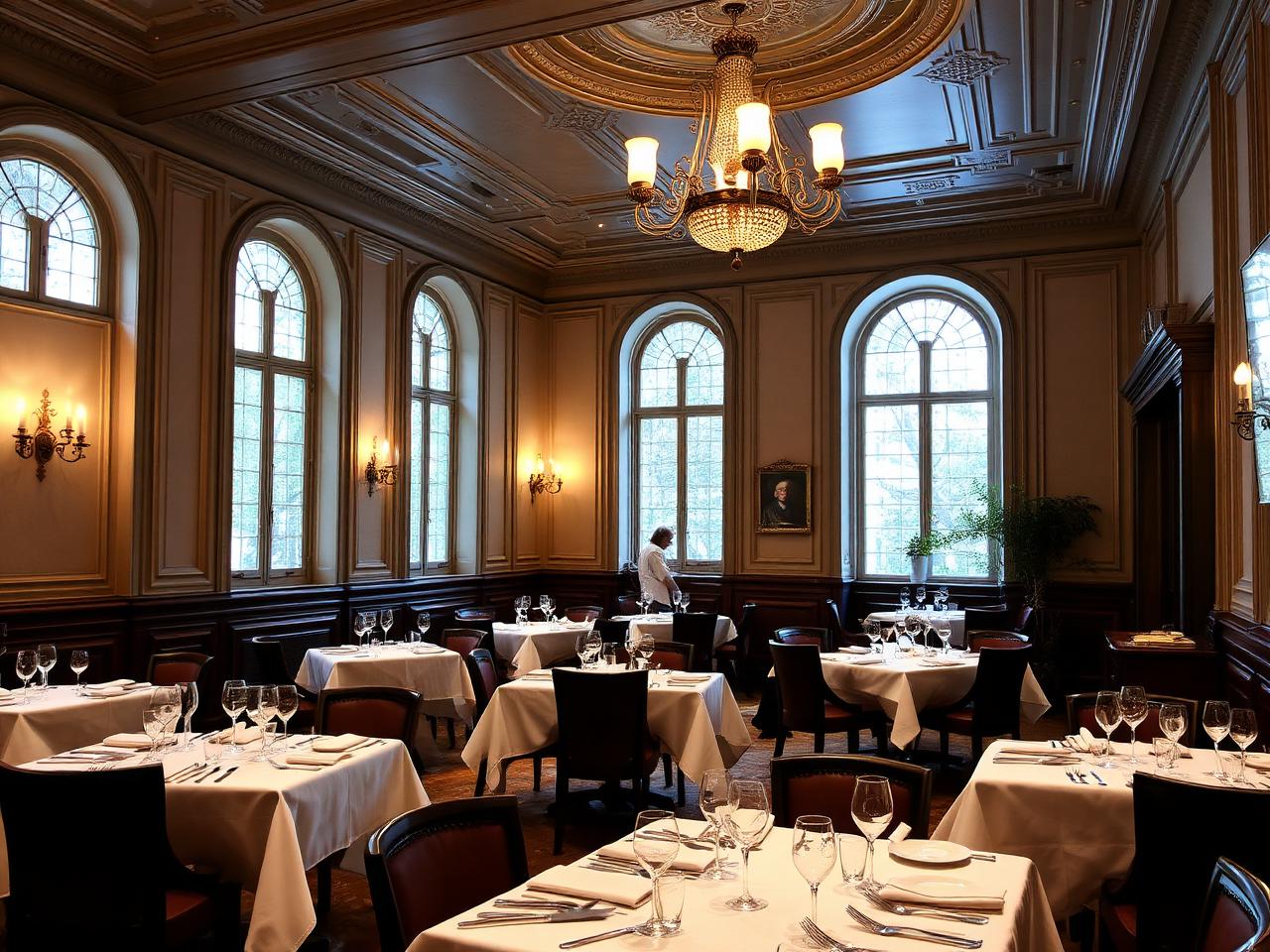 Im Schiffchen restaurant Düsseldorf Kaiserswerth classical fine dining room with elegant chandelier, white tablecloths and refined French haute cuisine