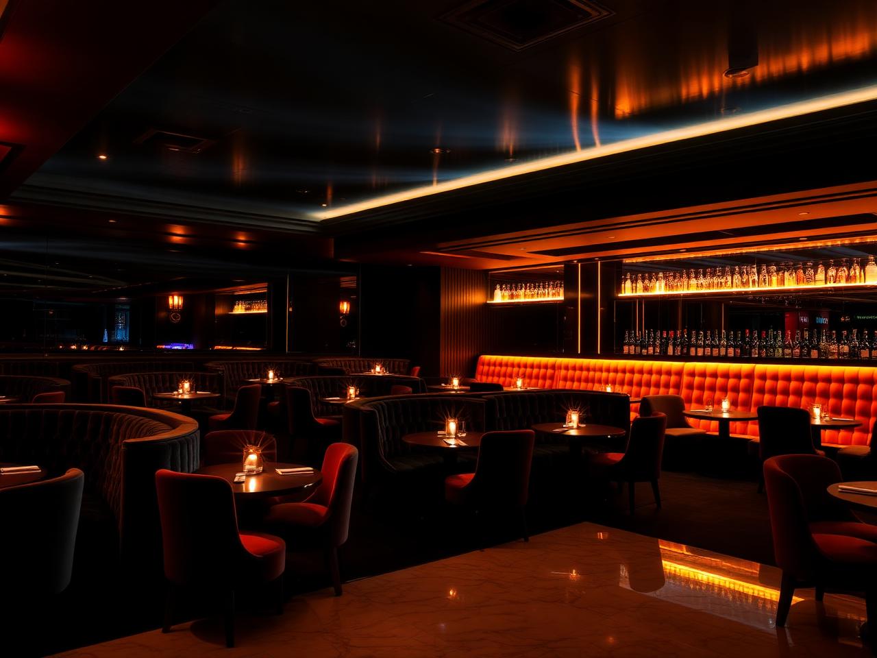 Nachtresidenz Düsseldorf refined upscale nightclub interior with dramatic warm LED lighting, elegant velvet booth seating and marble dance floor