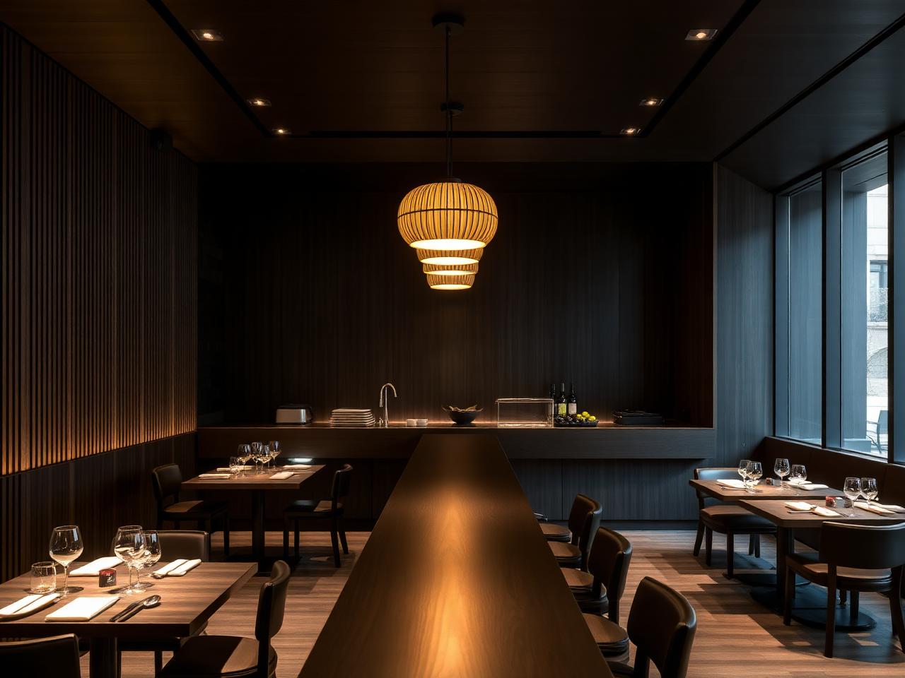 Nagaya restaurant Düsseldorf refined Japanese fine dining interior with minimalist Zen design, dark wood and warm pendant lighting
