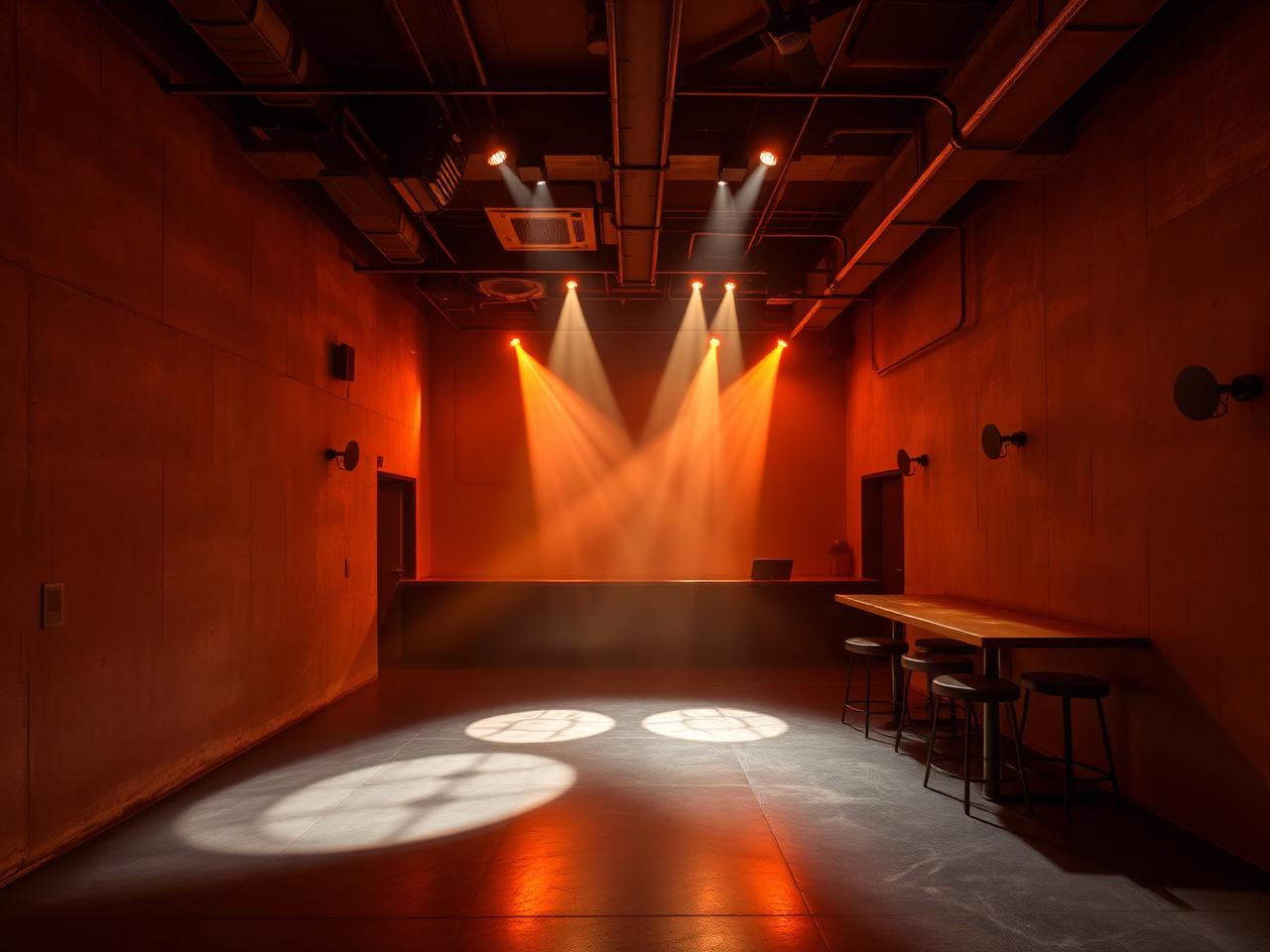 The Rudas Studios Düsseldorf industrial-luxe nightclub interior with concrete walls and atmospheric warm amber LED lighting
